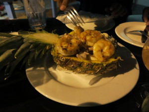 Shrimp served in a pineapple